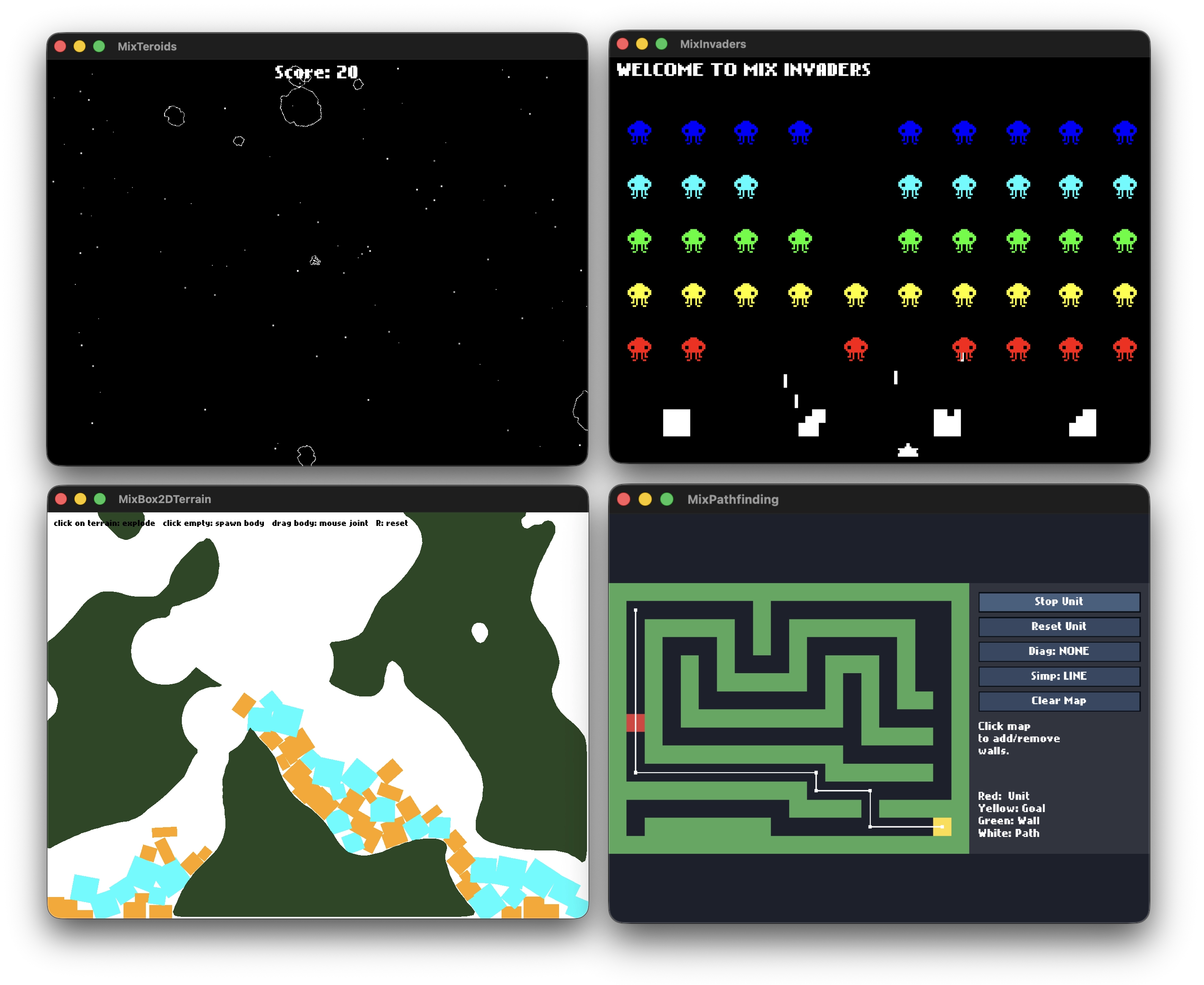 2D gameplay showcase — MixTeroids, MixInvaders, Box2D terrain, and PathFinding Examples