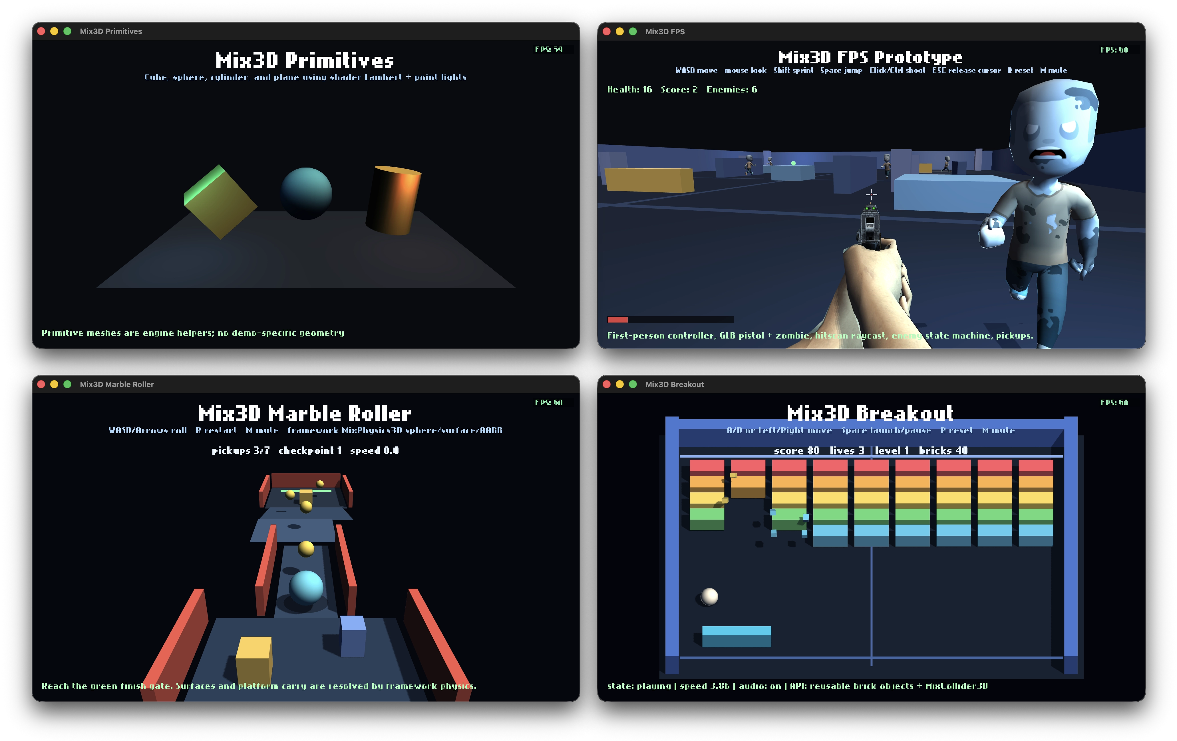 3D features showcase — Primitives, FPS with GPU Skinning, Marble Roller, and 3D Breakout Exampless